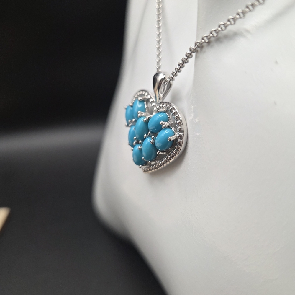 S/S Seeping Beauty Turquoise Heart Pendant Necklace. 18" With 2" Extender - Picture 2 of 8